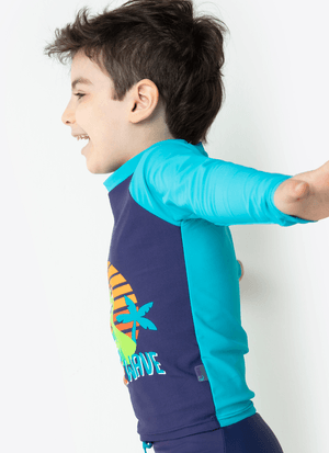 Camiseta Praia com Proteção Solar Menino Dino Surf